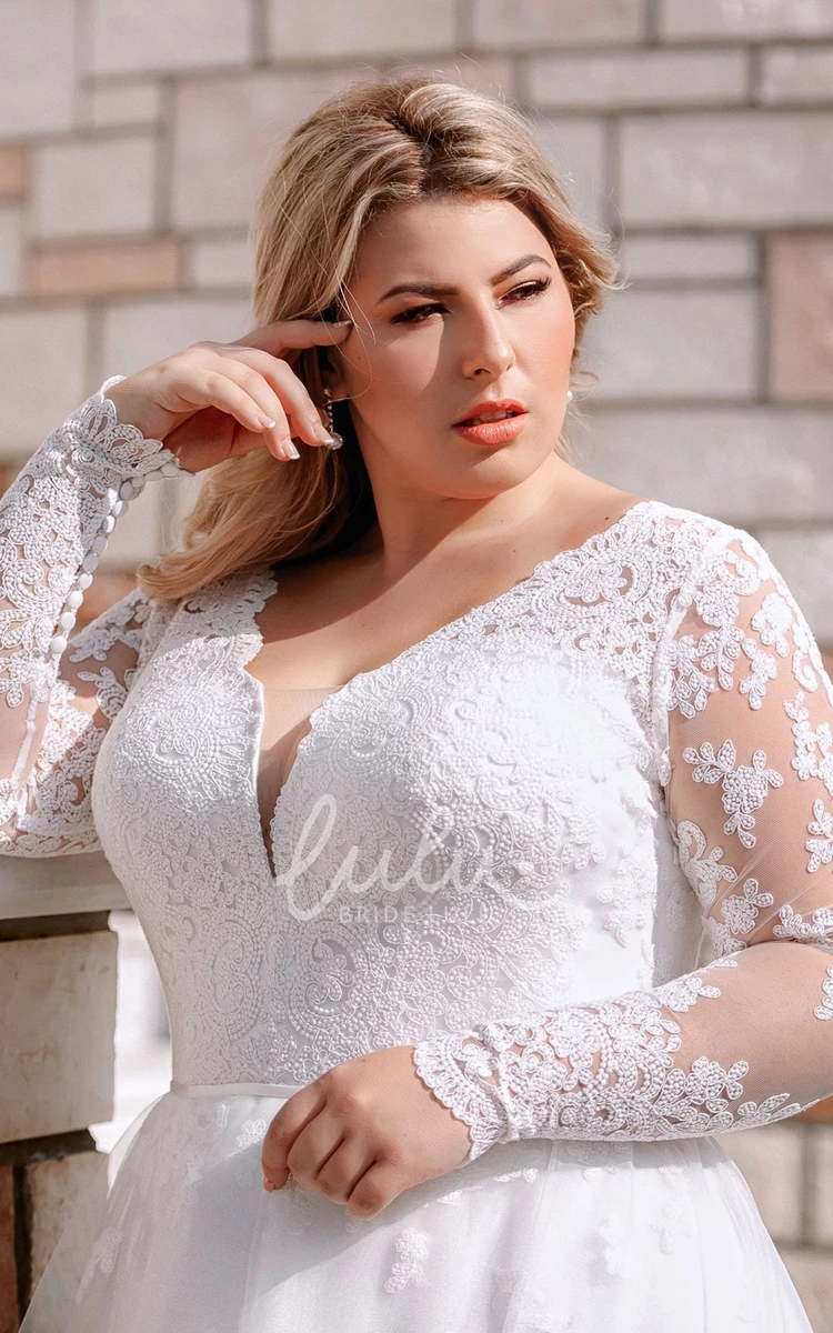 Long Sleeve Lace A Line Wedding Dress with Floor-length and Appliques Modern Style