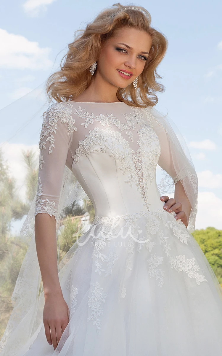 Appliqued Tulle Ball Gown Wedding Dress With Illusion Neckline and Sleeves