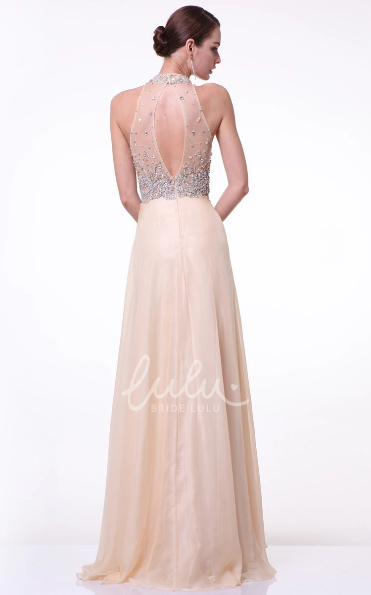 High Neck Beaded A-Line Sleeveless Formal Dress with Satin Illusion