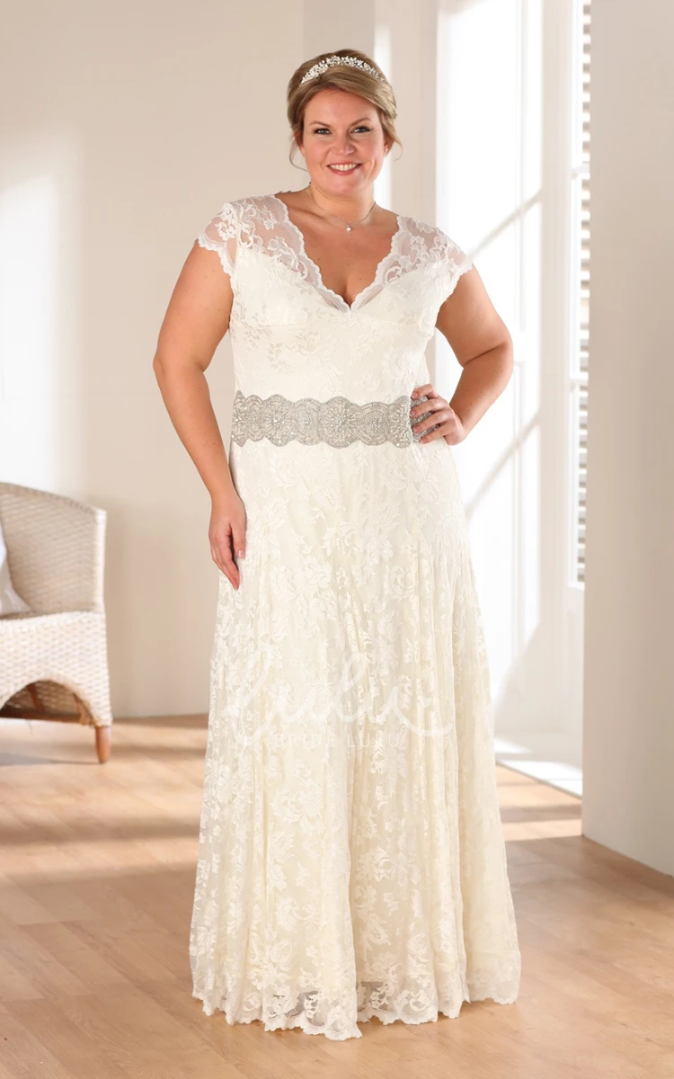 Long V-Neck A-Line Wedding Dress with Cap Sleeves and Lace Appliques