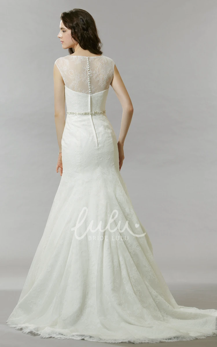 Sleeveless Lace Wedding Dress with Queen Anne Neckline Jeweled Waist and Illusion Detail