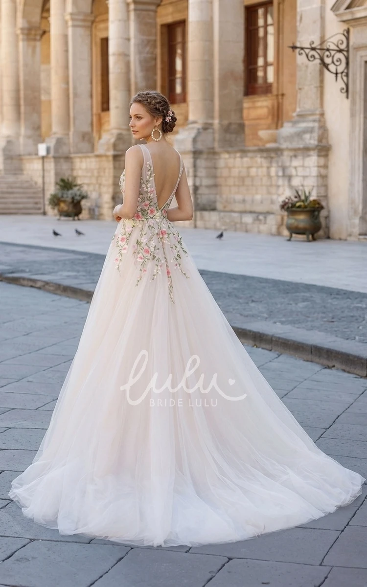 Elegant Sexy A-Line V-Neck Lace Tulle Spring Wedding Dress with Deep V Back and Flowers