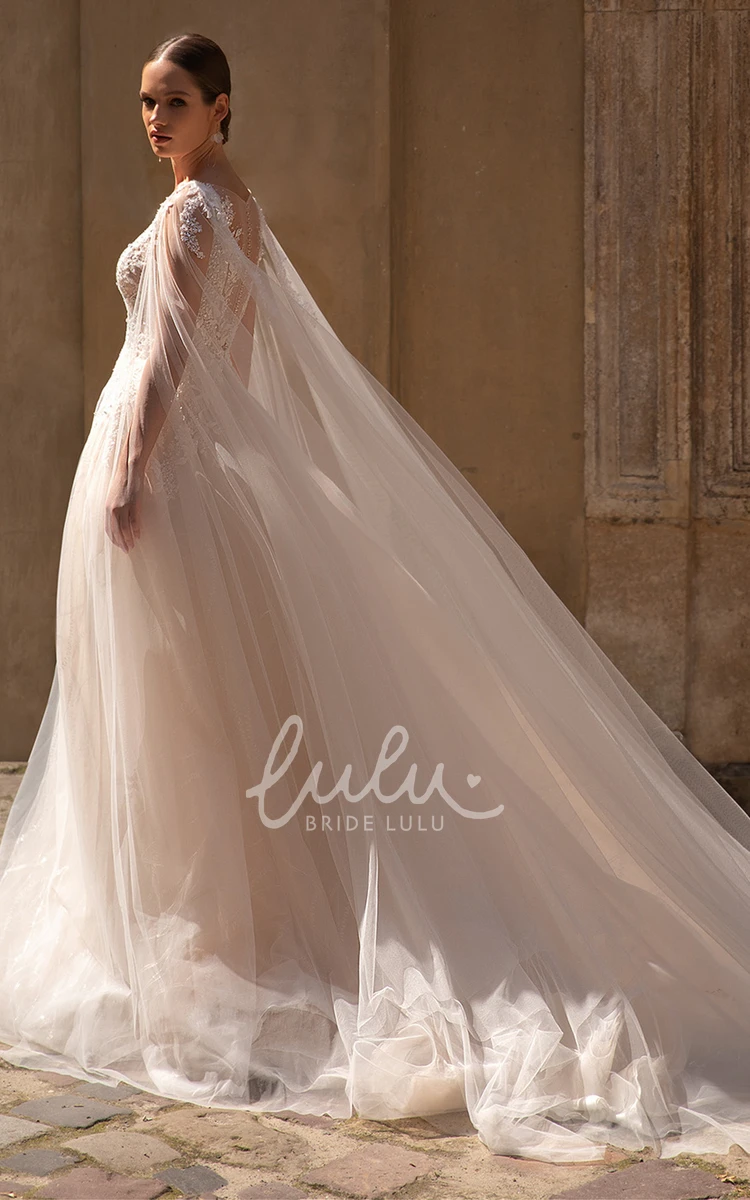 Ethereal A Line Tulle Wedding Dress with Plunging Neckline and Appliques Unique Wedding Dress