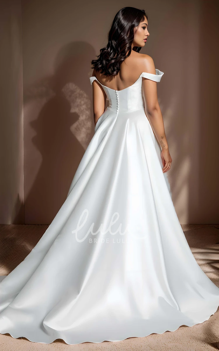 Elegant Sexy Off-the-shoulder Straps A-Line Big Bust Satin Wedding Dress Solid Simple Floor-length Sleeveless Draping Button Zipper Low-V Back Bridal Gown