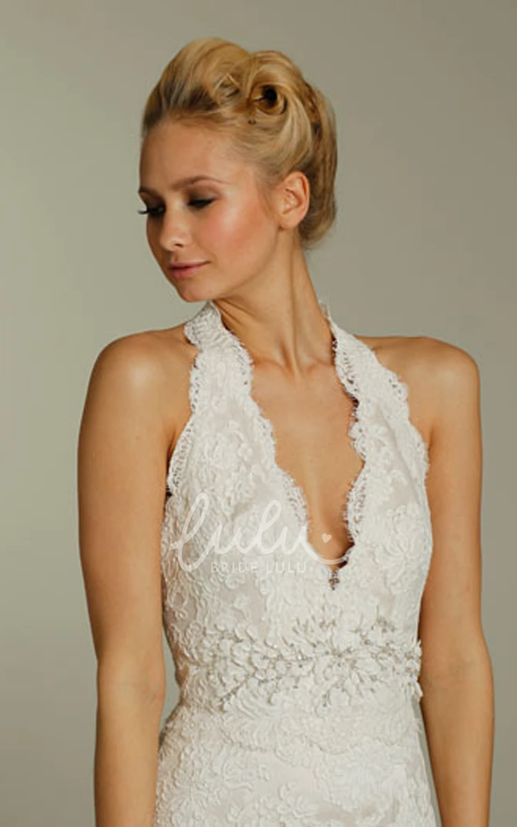 Lace Halter Neckline Floral Waist Wedding Dress