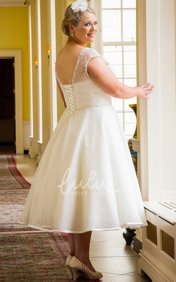 Tea Length Cap Sleeve Bridal Gown with Beaded Neck and Waist Wedding Dress