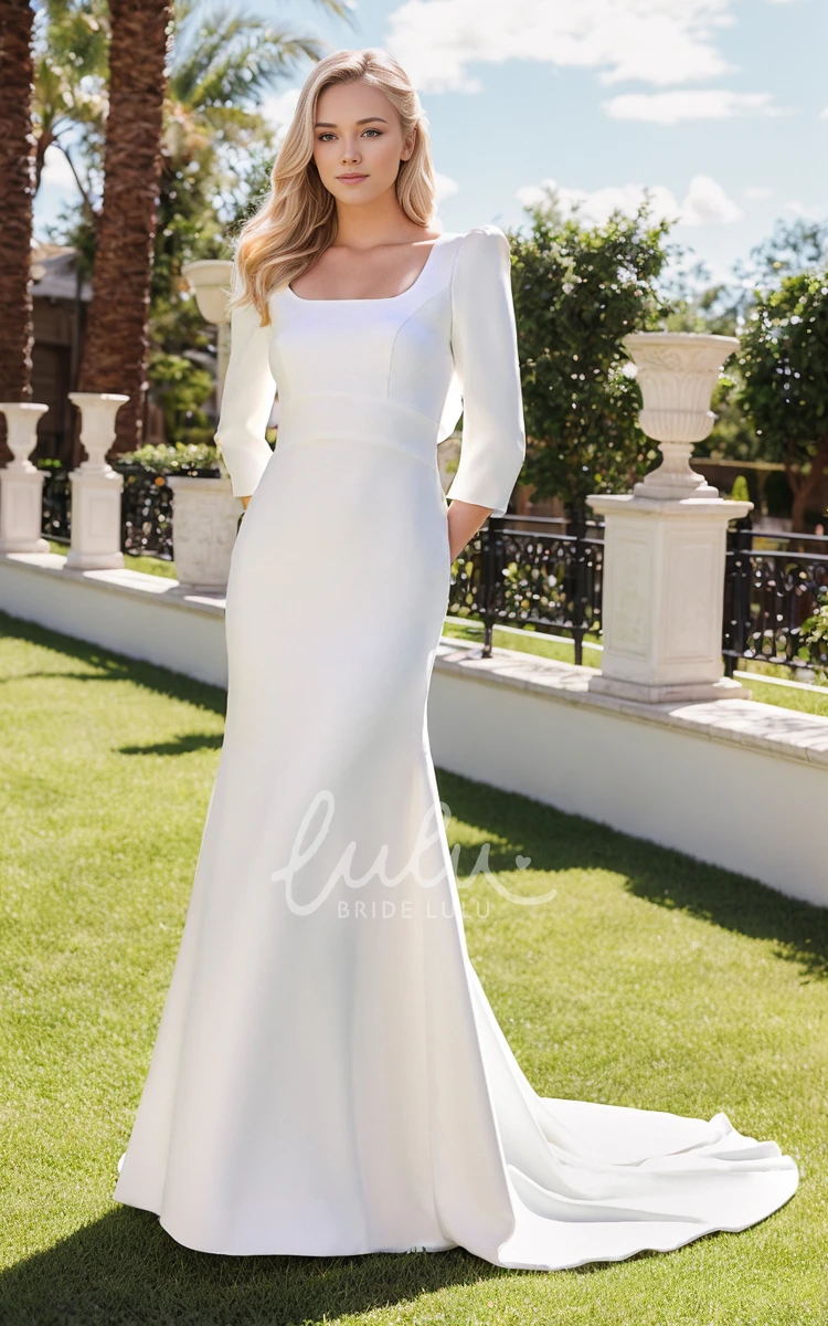 Elegant Solid Mermaid Square Neck Satin Long Sleeve Wedding Dress Simple Vintage Floor-length Low-V Cross Zipper Draping Back Bridal Gown with Train