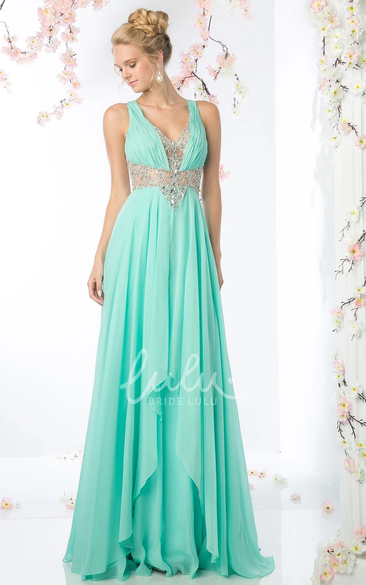 A-Line Empire Chiffon Keyhole Dress with Beading and Draping V-Neckline