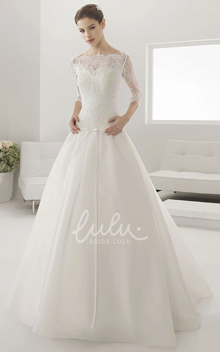 Bateau Ball Gown with Illusion Neckline Sash and 3-4 Sleeves