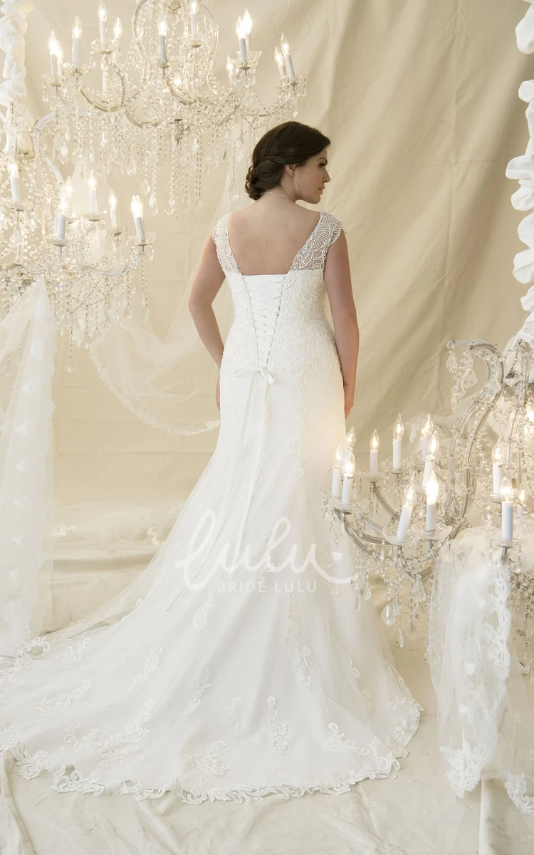 Trumpet Cap-Sleeve Beaded V-Neck Lace Plus Size Wedding Dress with Corset Back Elegant Lace Wedding Dress