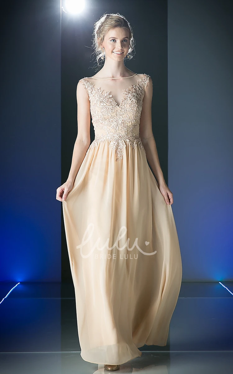 Scoop-Neck Sleeveless Sheath Dress with Appliques and Illusion in Chiffon Fabric