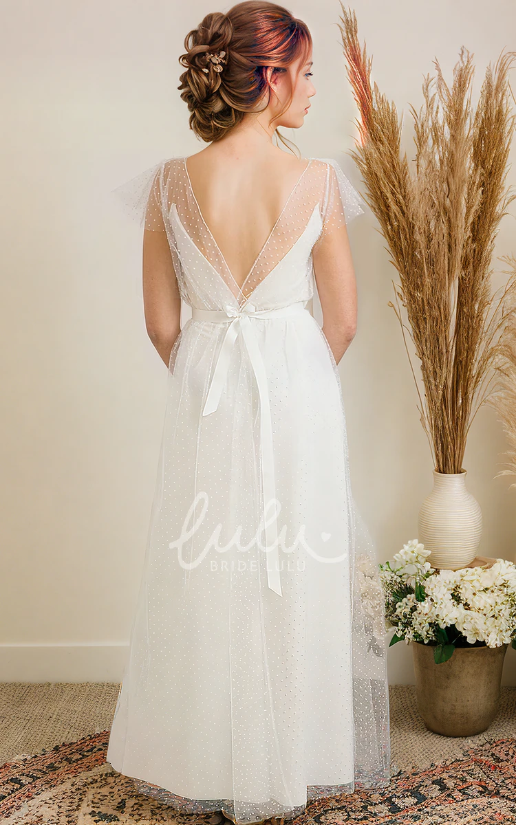 Short Sleeve A-Line V-neck Vintage Polka Dots Petite Women Wedding Dress with Sash Deep-V Back