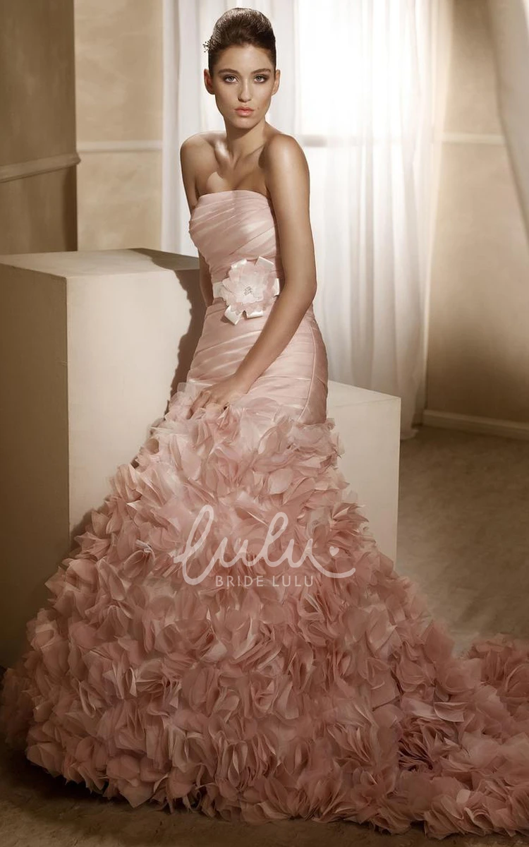 Sleeveless Ruffled Satin A-Line Wedding Dress with Flower and Ruching