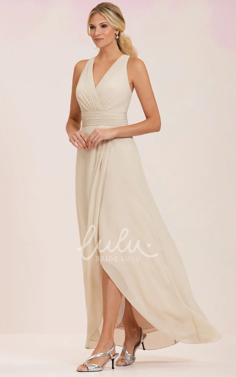 V-Neck Sleeveless Bridesmaid Dress with Front Slit and Pleats