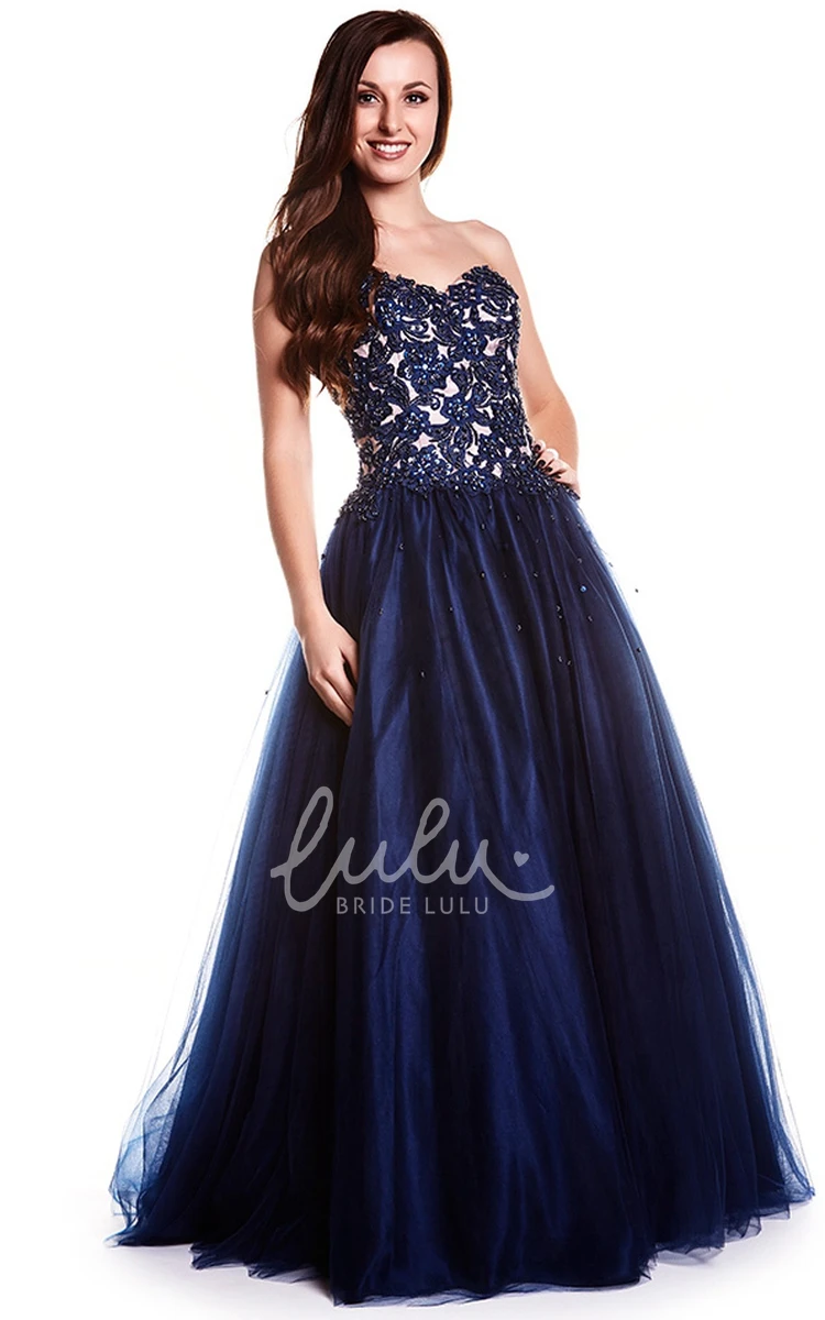 A-Line Appliqued Sweetheart Sleeveless Prom Dress Modern Tulle Dress with Lace-Up Back