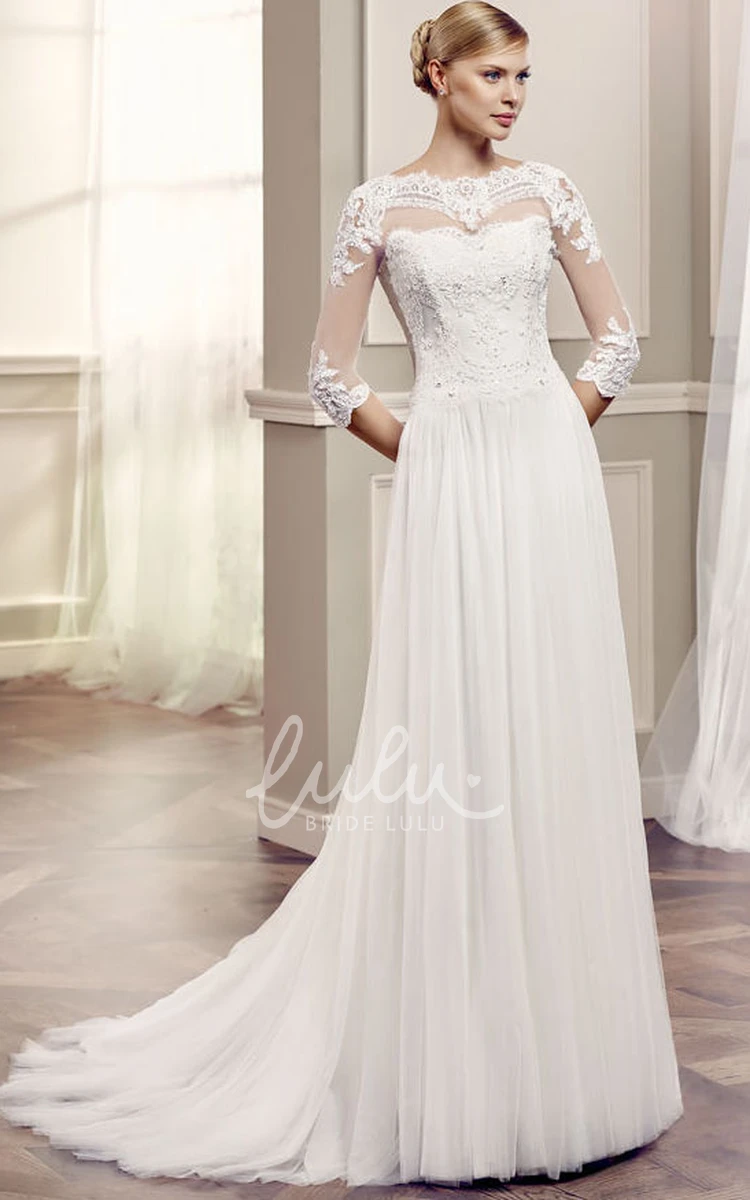 Half Sleeve Tulle Bateau Wedding Dress with Beaded Details Classy Bridal Gown