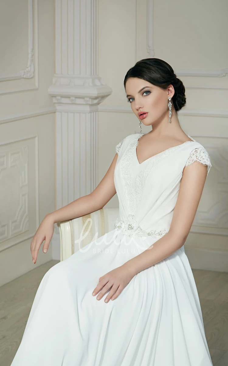 A-Line Chiffon Wedding Dress with V-Neckline Short Sleeves and Beaded Ruching