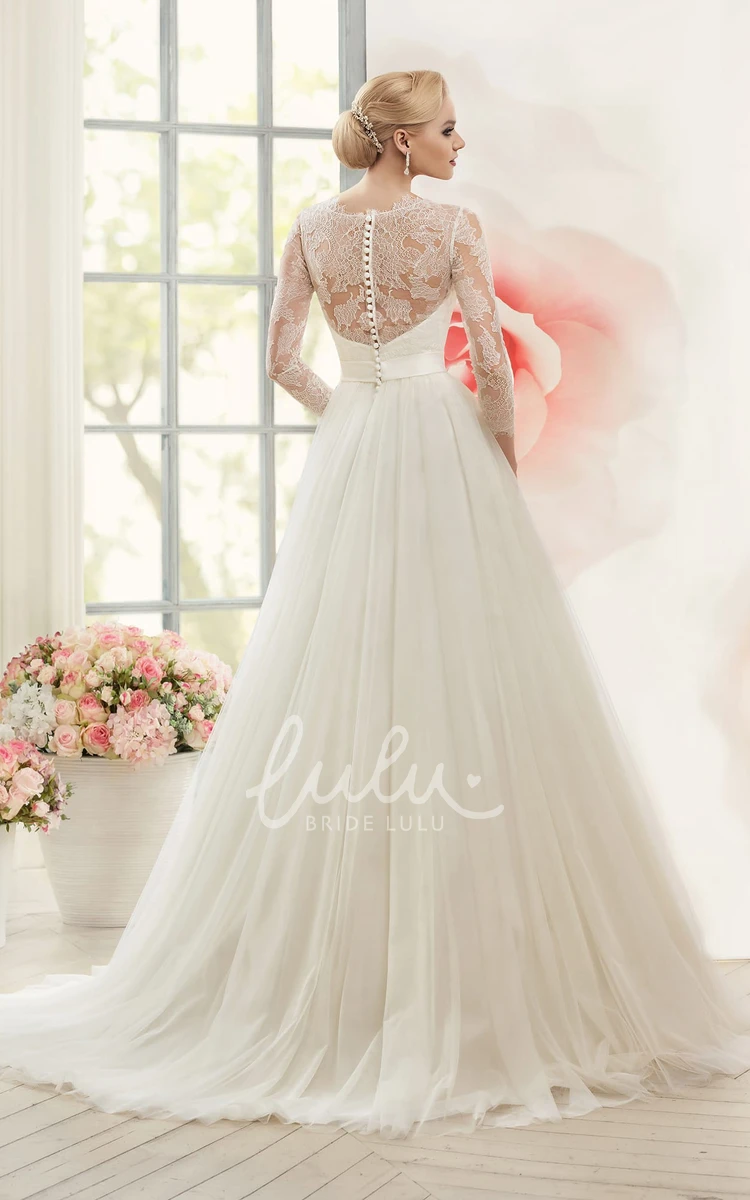 Illusion Tulle A-Line Wedding Dress with Long-Sleeves and Waist Jewelry