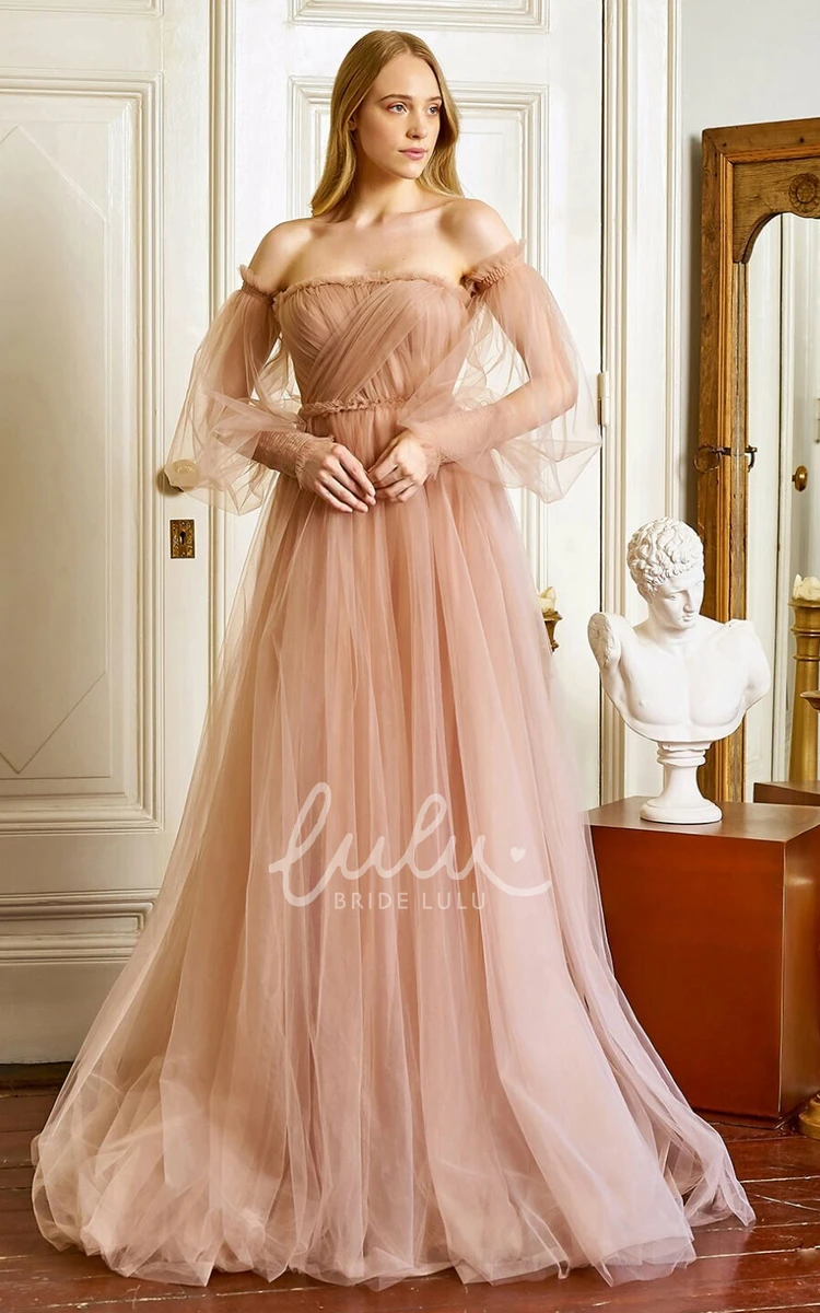 Off-the-shoulder Tulle A-Line Floor-length Evening Dress Boho Wedding Dress