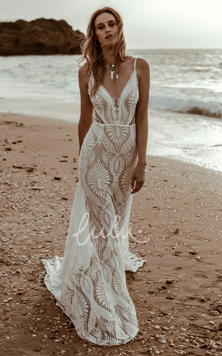 Vintage Elegant Beach Mermaid Boho Lace Wedding Dress with Plunging V-Neck and Court Train