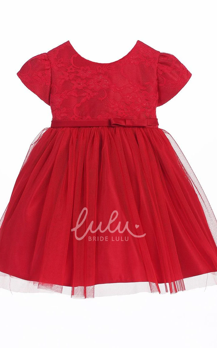 Bowed Satin Flower Girl Dress with Lace Tea-Length