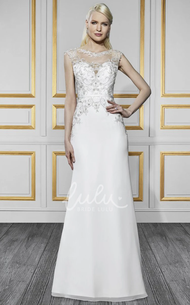 Sleeveless Sheath Jewel-Neck Satin&Tulle Wedding Dress with Embroidery and Illusion