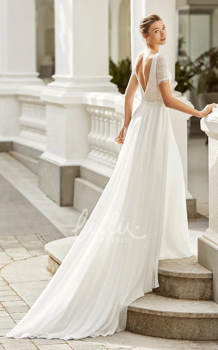 A-Line Chiffon Illusion Sleeve Wedding Dress Sexy & Romantic Bridal Gown Plunging Neckline