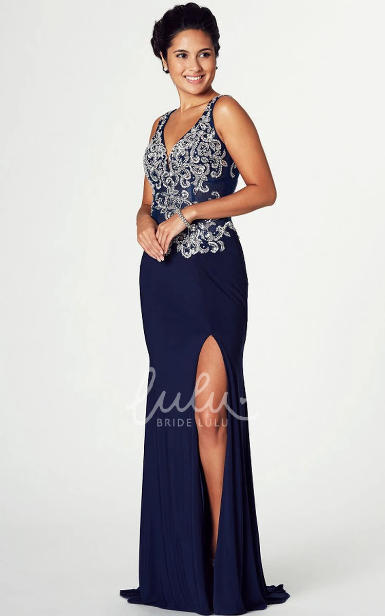 Sleeveless V-Neck Maxi Jersey Prom Dress with Appliques and Split Front Classy Prom Dress for Women