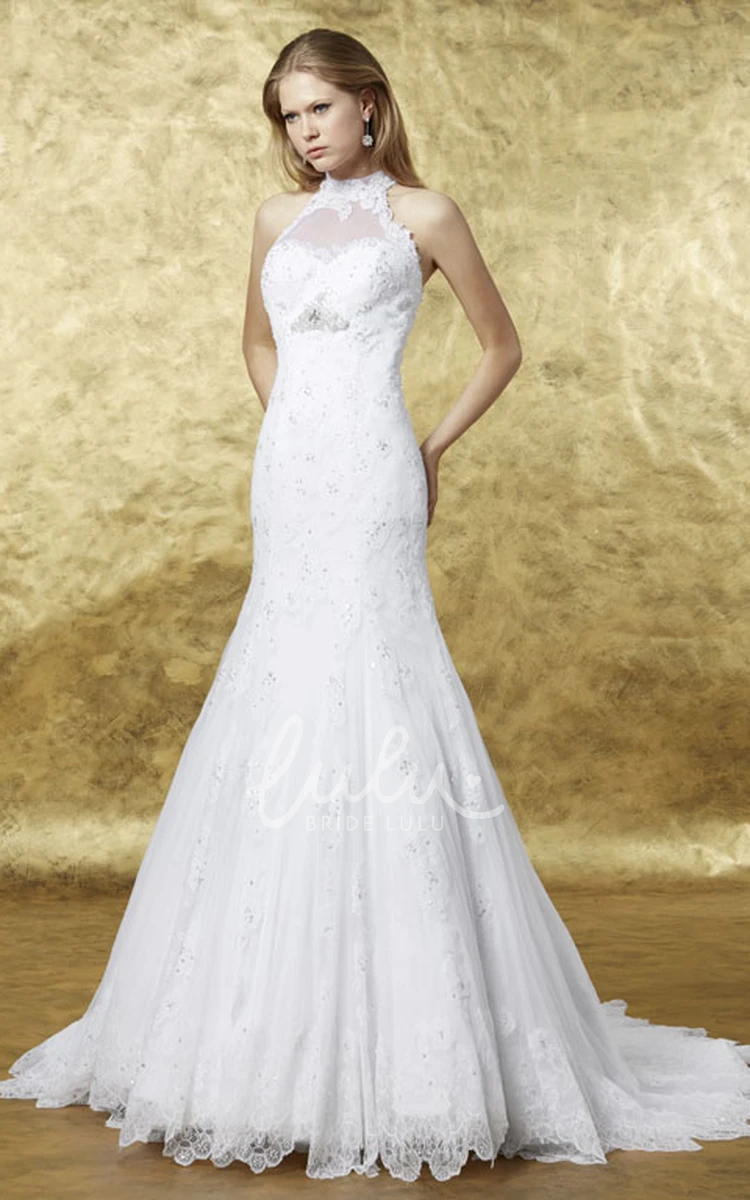 Sleeveless Lace Wedding Dress with Illusion Back and Broach A-Line Floor-Length High Neck Applique