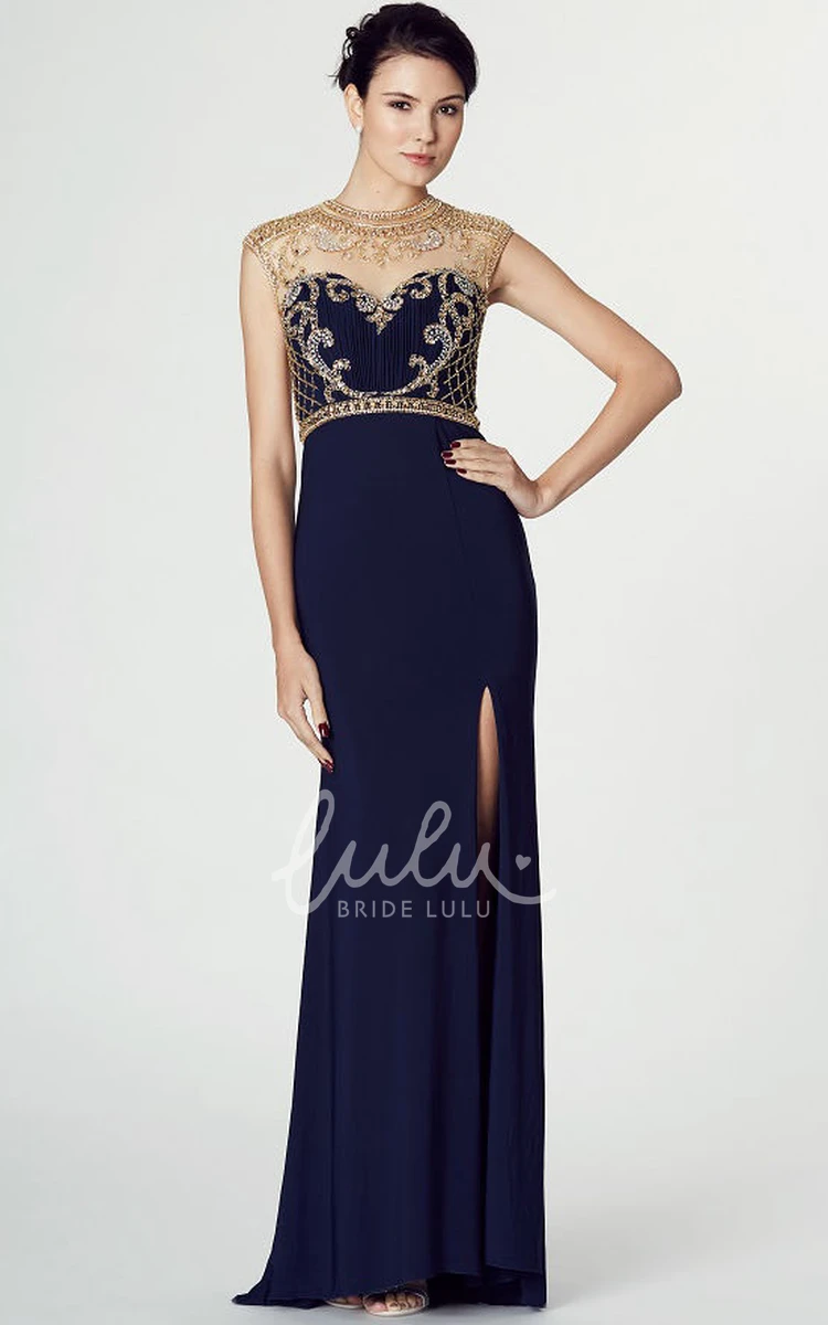 Illusion High Neck Split-Front Prom Dress with Beading Floor-Length