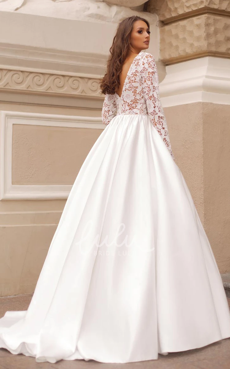 Simple Satin Lace Ball Gown Wedding Dress with V-Neckline and Floor-Length