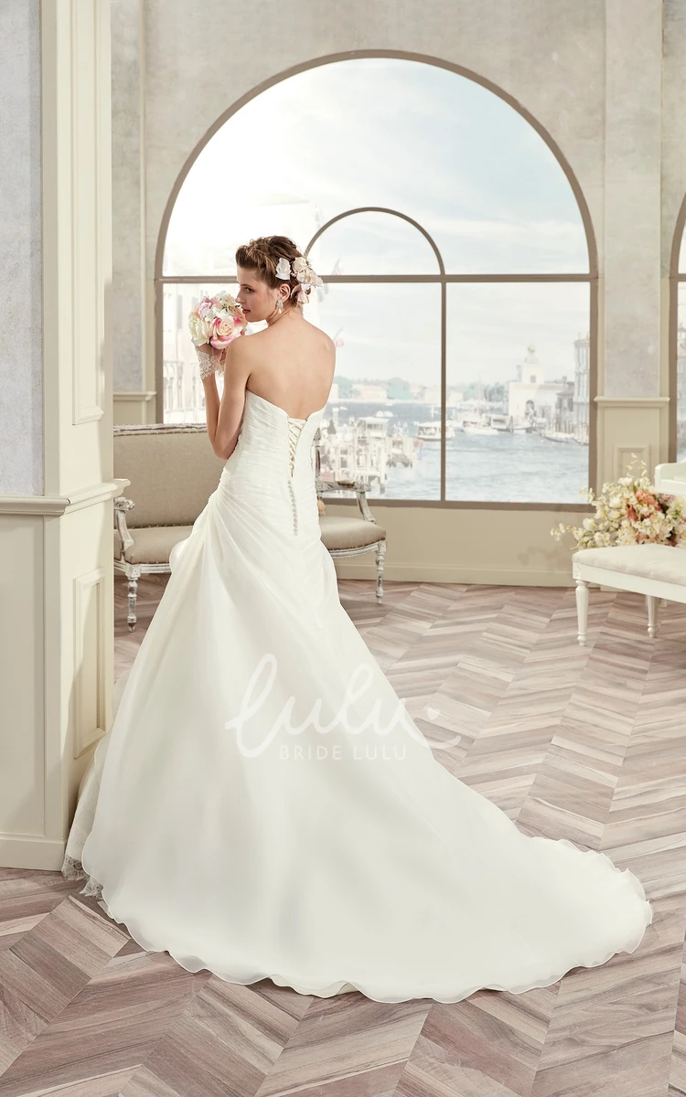 Lace Long Wedding Dress with Asymmetrical Ruffles Strapless Boho Beach