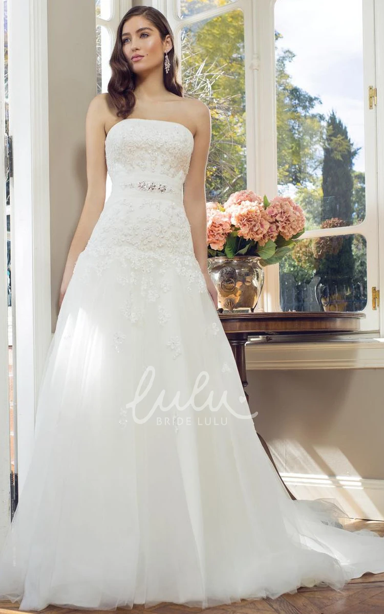 Appliqued Lace&Tulle Wedding Dress with Waist Jewelry A-Line