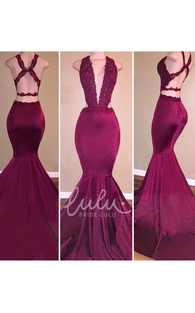 Halter Mermaid Satin Lace Prom Dress with Sweep Train