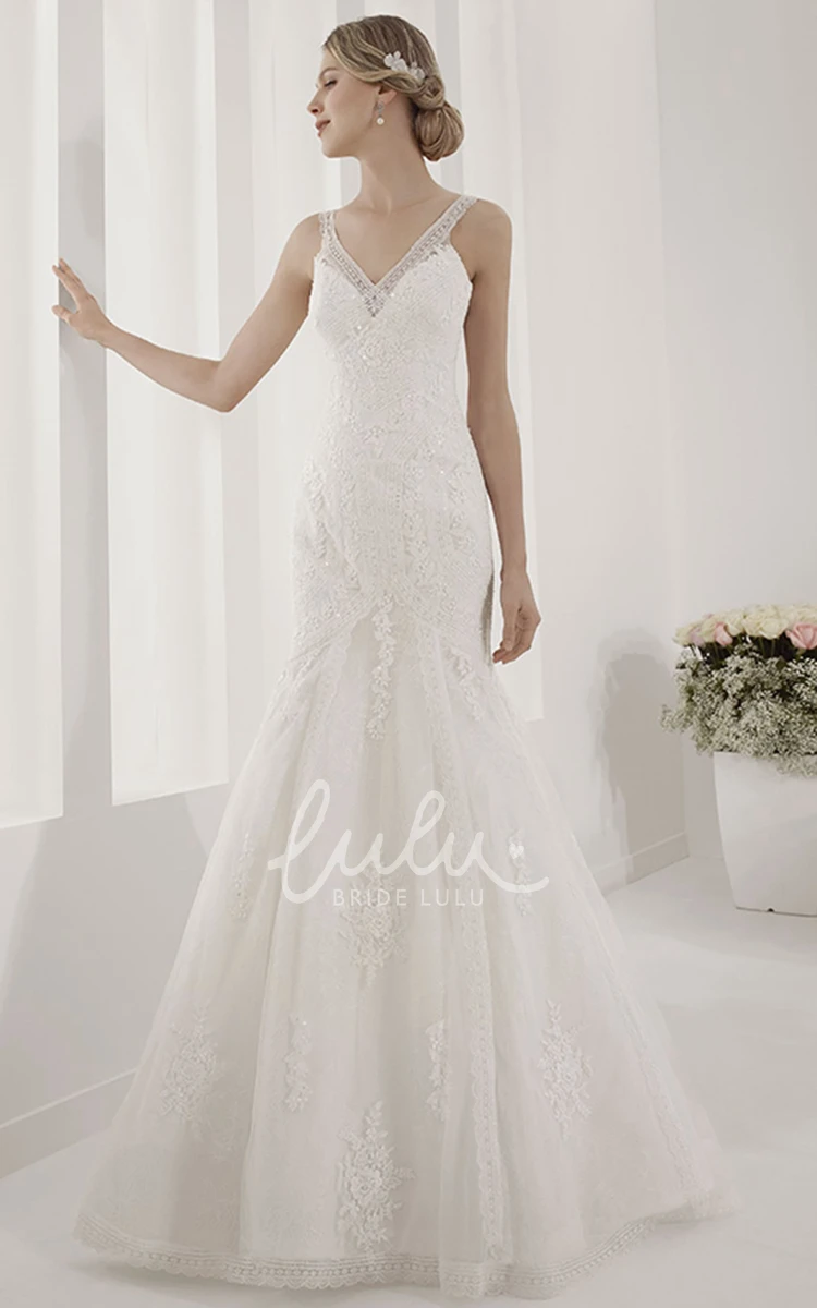 Lace Mermaid Wedding Dress with V-Neck and Sequin Embellishments