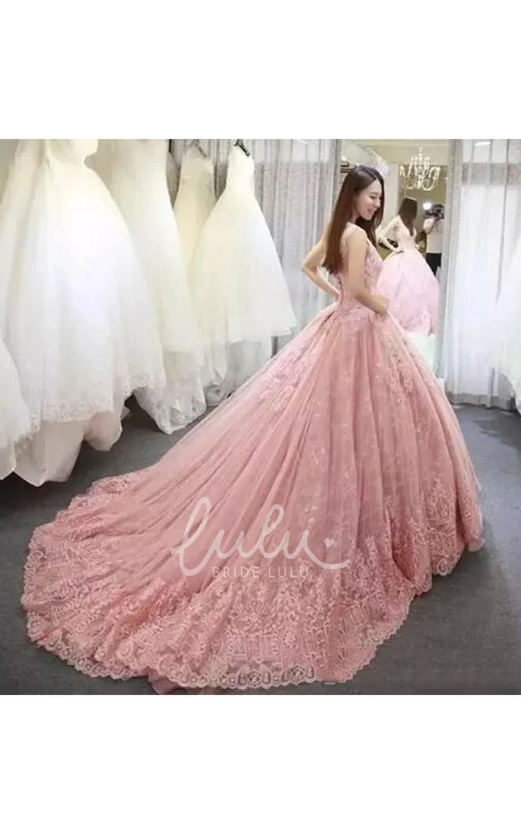 Lace Tulle Ball Gown Wedding Dress with V-Neck and Lace-Up Back