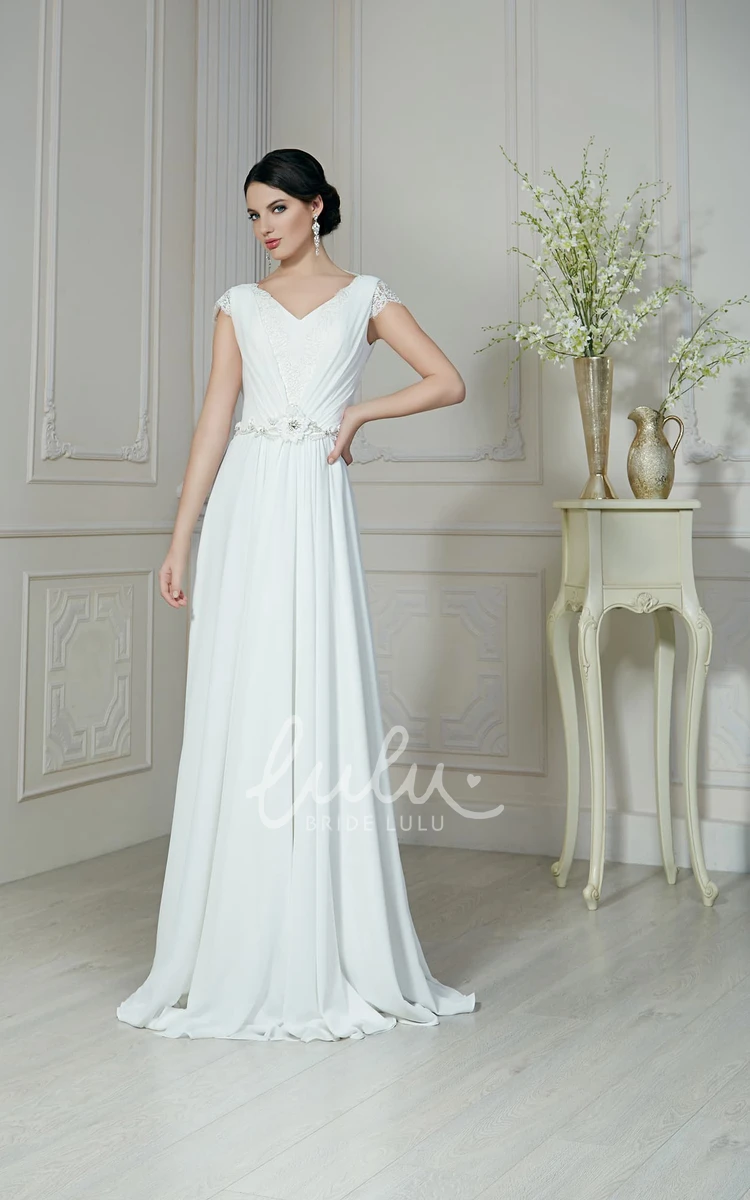 A-Line Chiffon Wedding Dress with V-Neckline Short Sleeves and Beaded Ruching