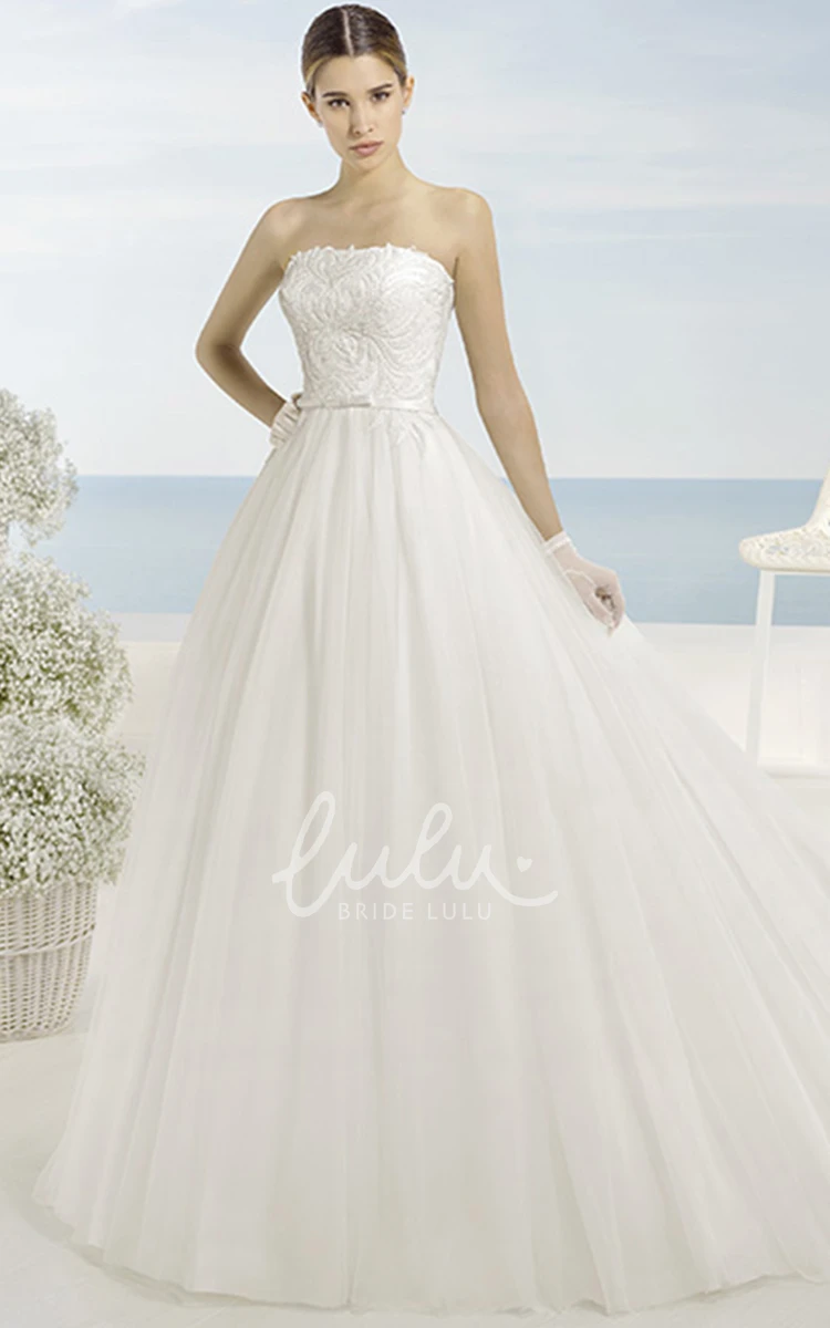 Maxi Strapless Tulle Wedding Dress with Chapel Train and Beaded Details A-Line Wedding Dress