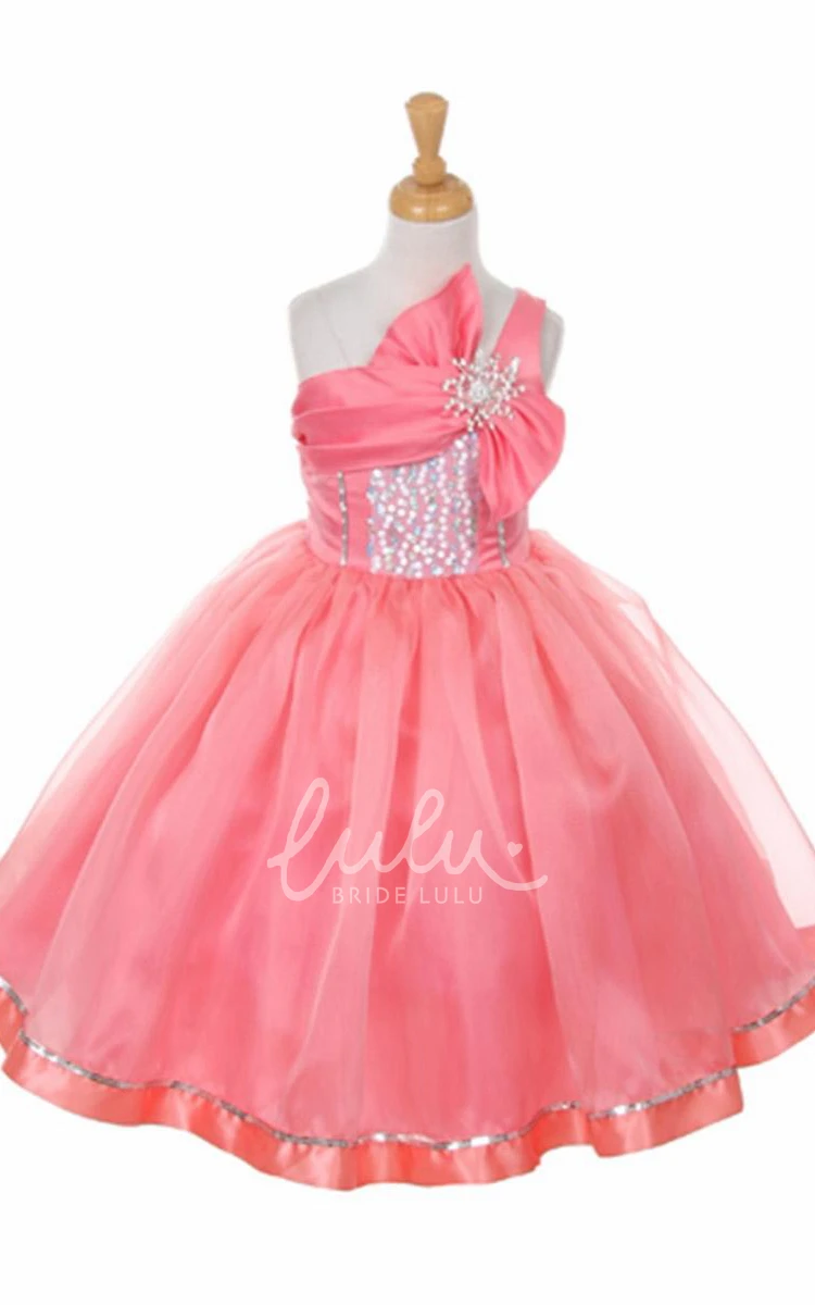 Tiered Organza Flower Girl Dress with Sequins and Ribbon Tea-Length