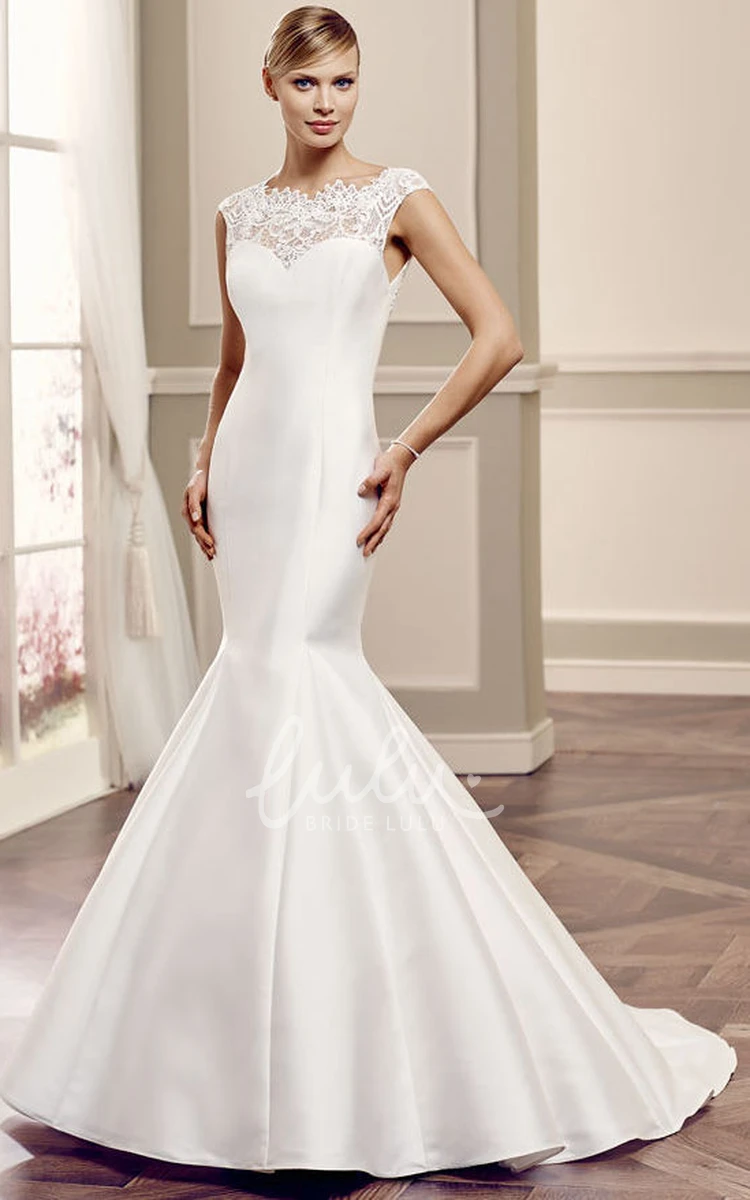 Cap-Sleeve Lace Satin Wedding Dress with Keyhole and Court Train Scoop Neck