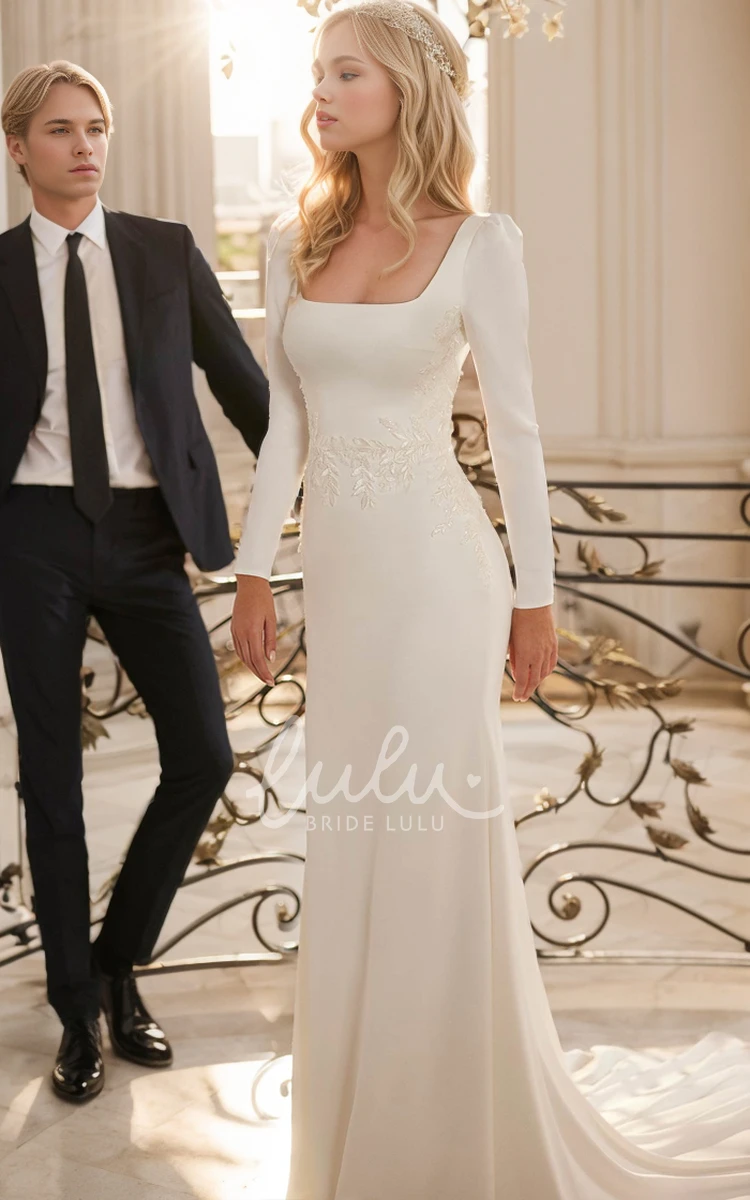 Simple Solid Mermaid Square Neck Jersey Wedding Dress Vintage Elegant Lace Appliques Long Sleeve Floor-length Button Back Court Bridal Gown