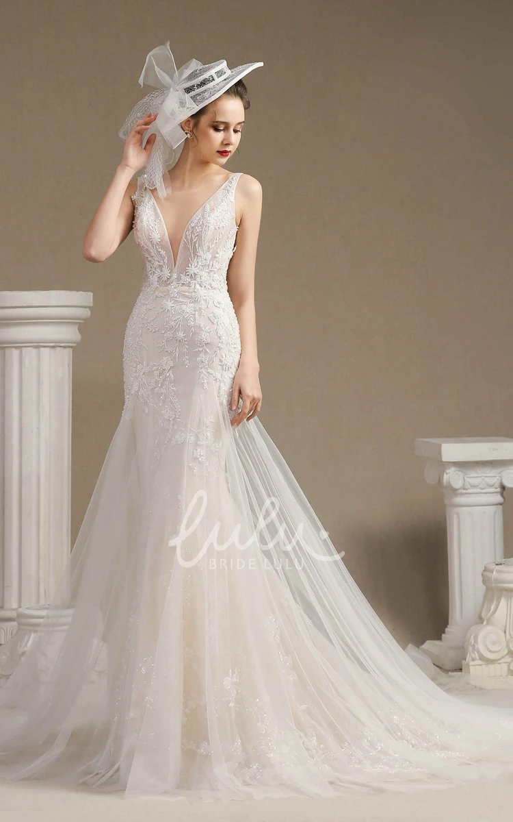 Lace Plunging Mermaid Appliqued Wedding Dress With Chapel Train Classy Elegant Bridal Gown