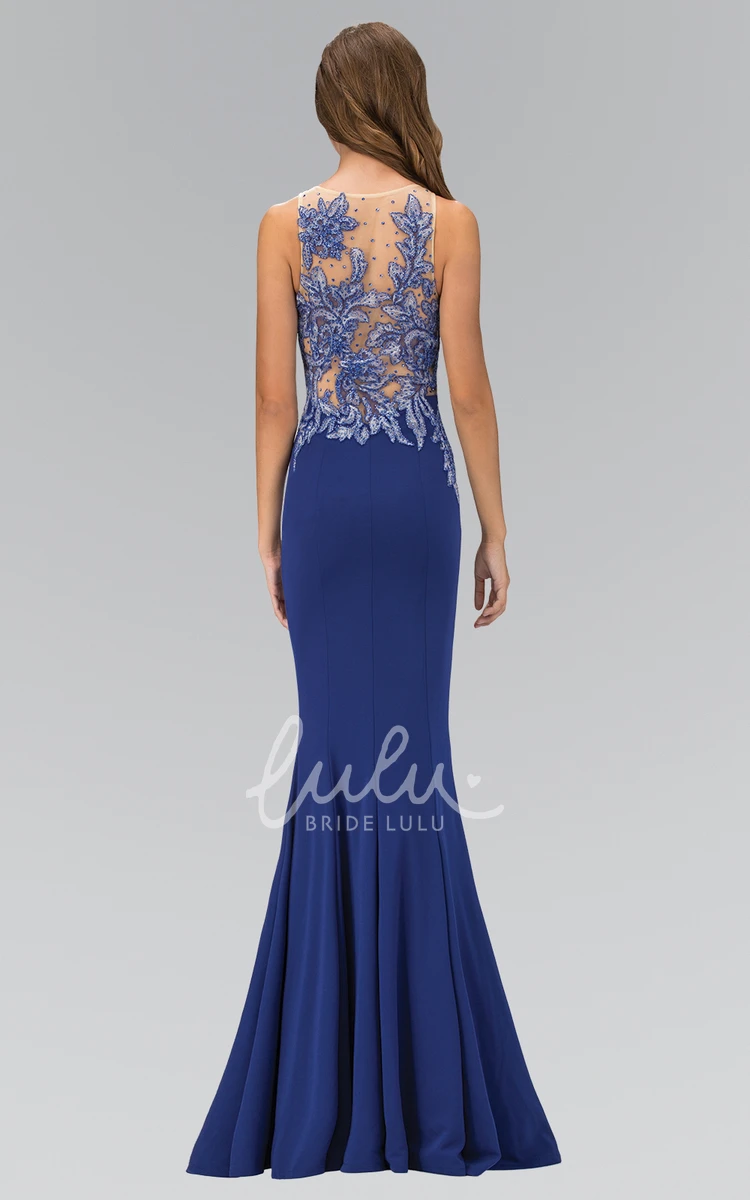 Appliqued and Beaded Sheath Prom Dress Scoop-Neck Sleeveless Jersey Illusion