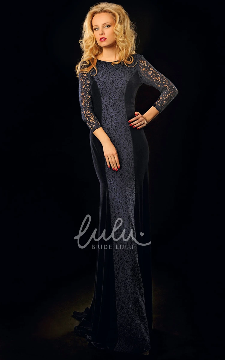 Long Lace Sheath Prom Dress with 3-4 Sleeves and Scoop Neck