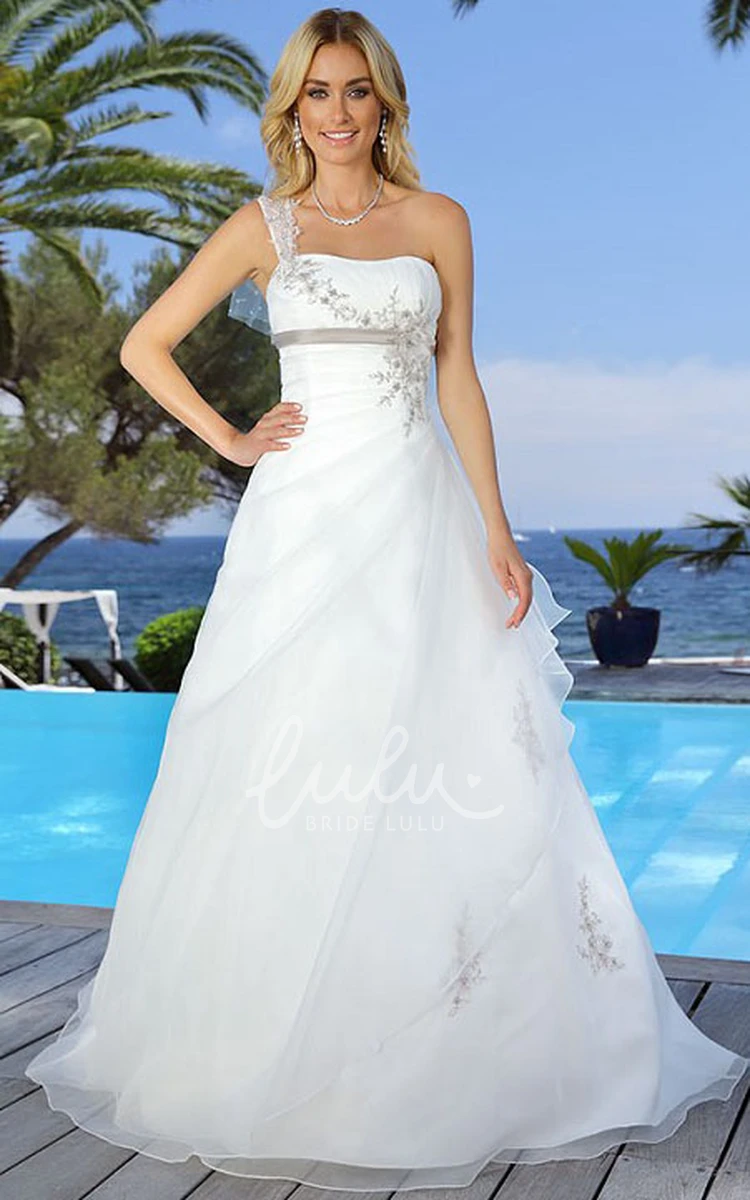 Maxi One-Shoulder Chiffon&Tulle Wedding Dress with Floral Appliques Boho Bridal Gown