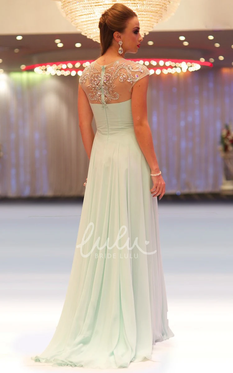 Beaded Chiffon Prom Dress Cap-Sleeve Floor-Length Jewel-Neck Empire A-Line