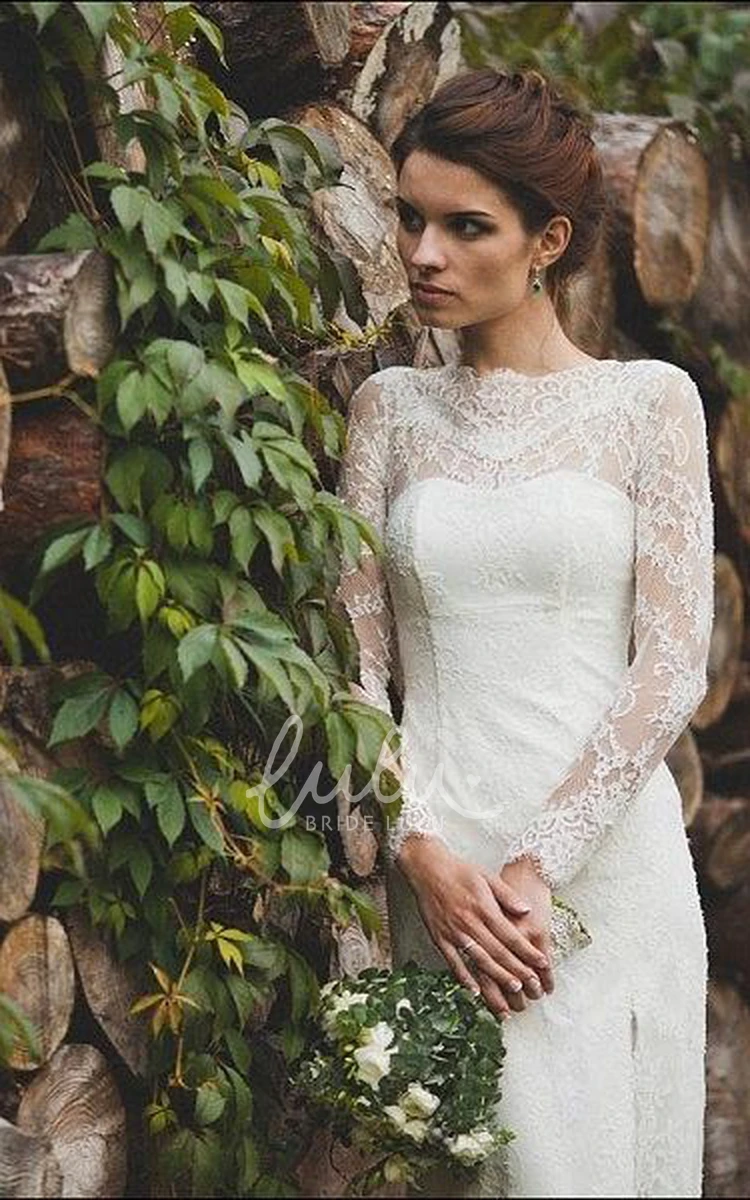 Sheath Lace Wedding Dress with Illusion Sleeves and Keyhole Back