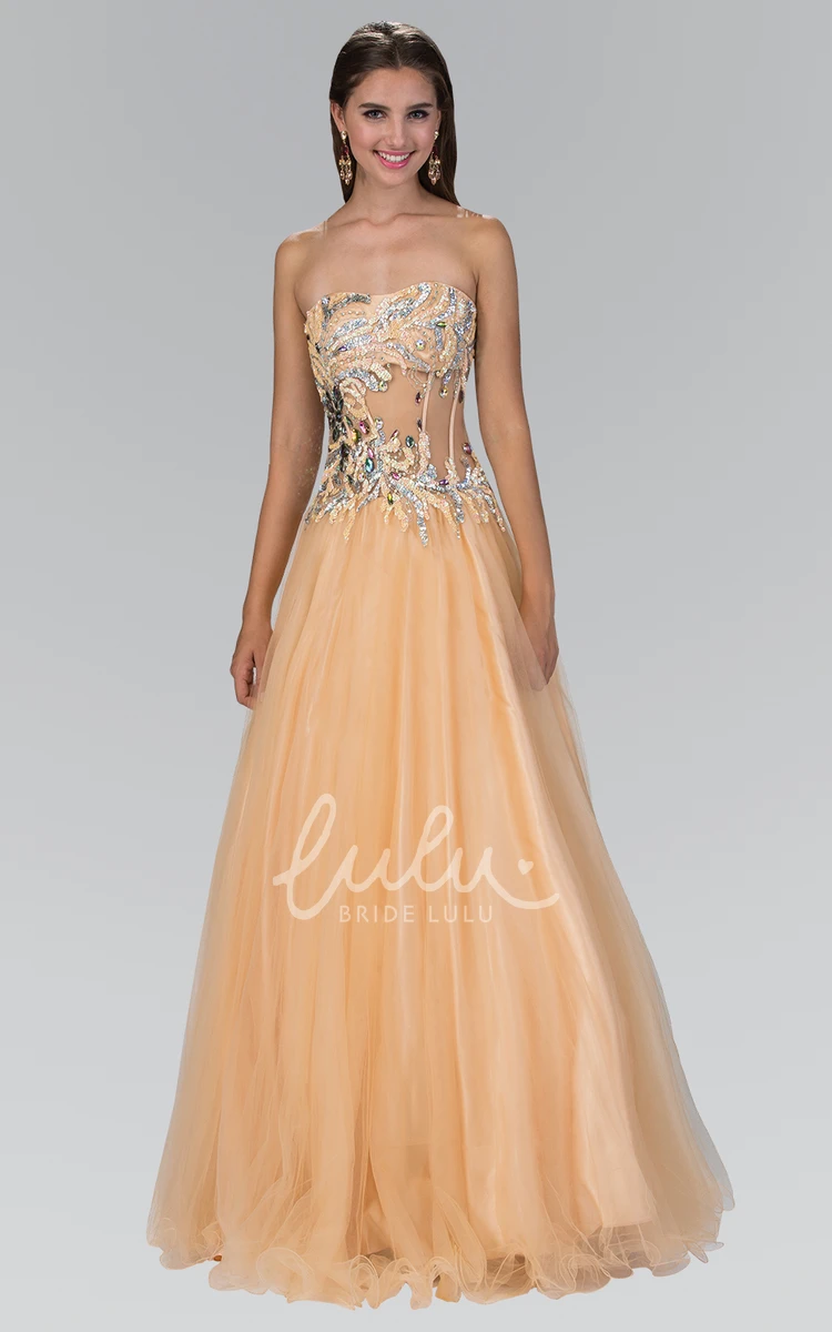 Strapless Tulle A-Line Backless Prom Dress with Beading and Ruffles