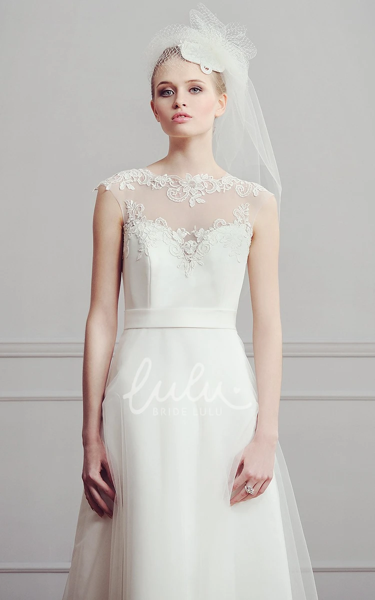 Cap-Sleeve Appliqued Satin Wedding Dress A-Line Jewel-Neck