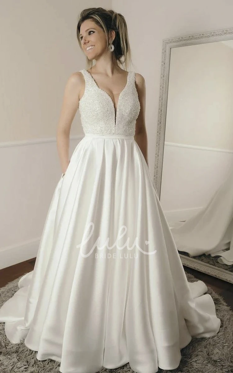 Simple Elegant Satin Ballgown Wedding Dress with Plunging Neckline